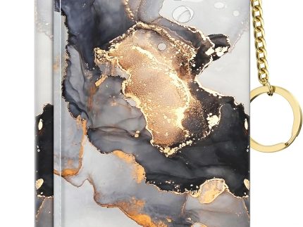Small Slim  Leather Clutch Wallet - 7 Card Slots, ID Window, Keychain - Black Gray Gold Marble