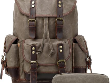 Vintage Leather Canvas Backpack, Waxed Canvas Shoulder Rucksack for Travel Laptop Bag for Business Travel Backpack With Toiletry Bag(Army Green)