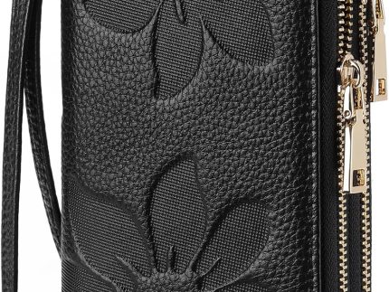 Women's Wallet Large Capacity Double Zip Around Credit Card Holder Leather Ladies Wallet with  Blocking Phone Wristlet Purse Black