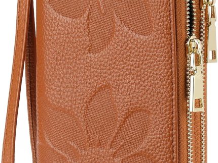 Women's Wallet Large Capacity Double Zip Around Credit Card Holder Leather Ladies Wallet with  Blocking Phone Wristlet Purse Brown